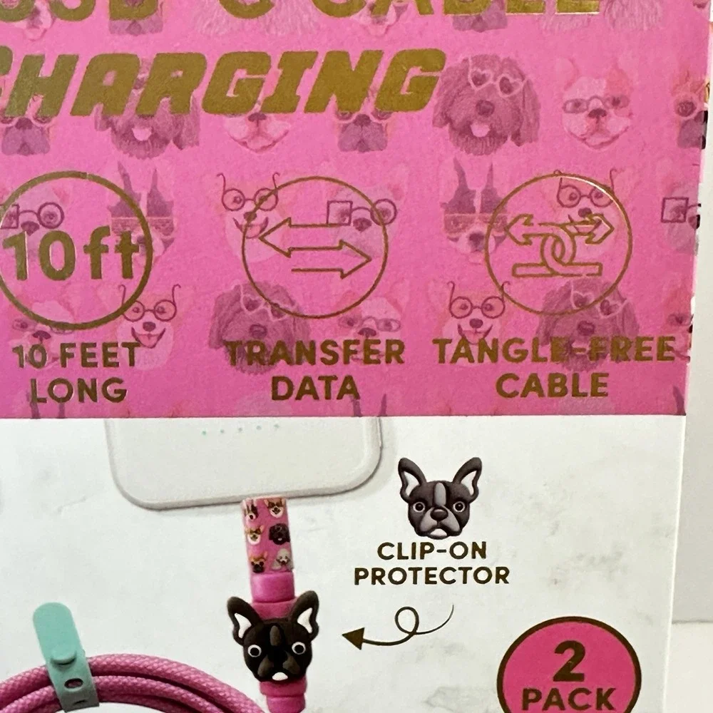 XO Poppy USB-C to USB-C Fast Charging Cable 10ft Pink French Bulldog 2 Pack